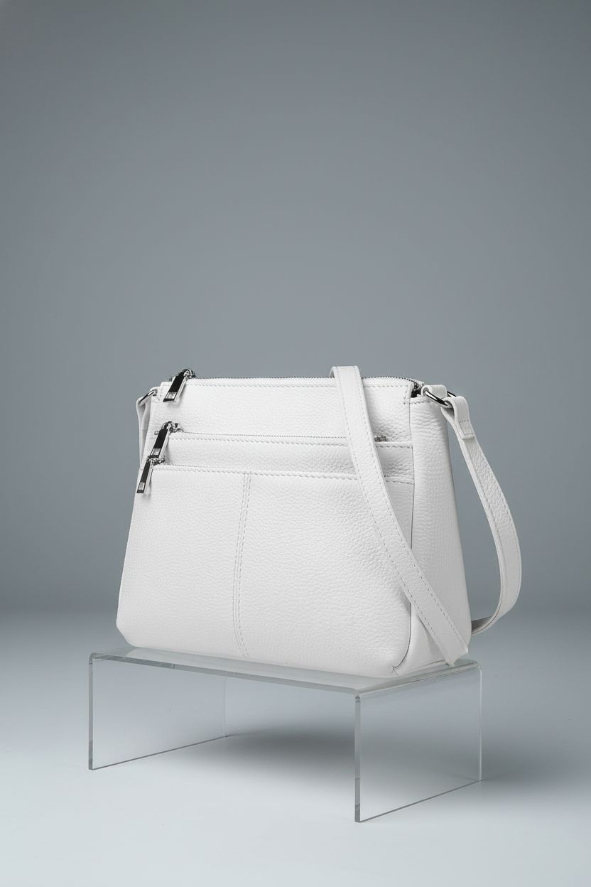 Close-up of Befen white leather purse showcasing pebble grain and silver zippers