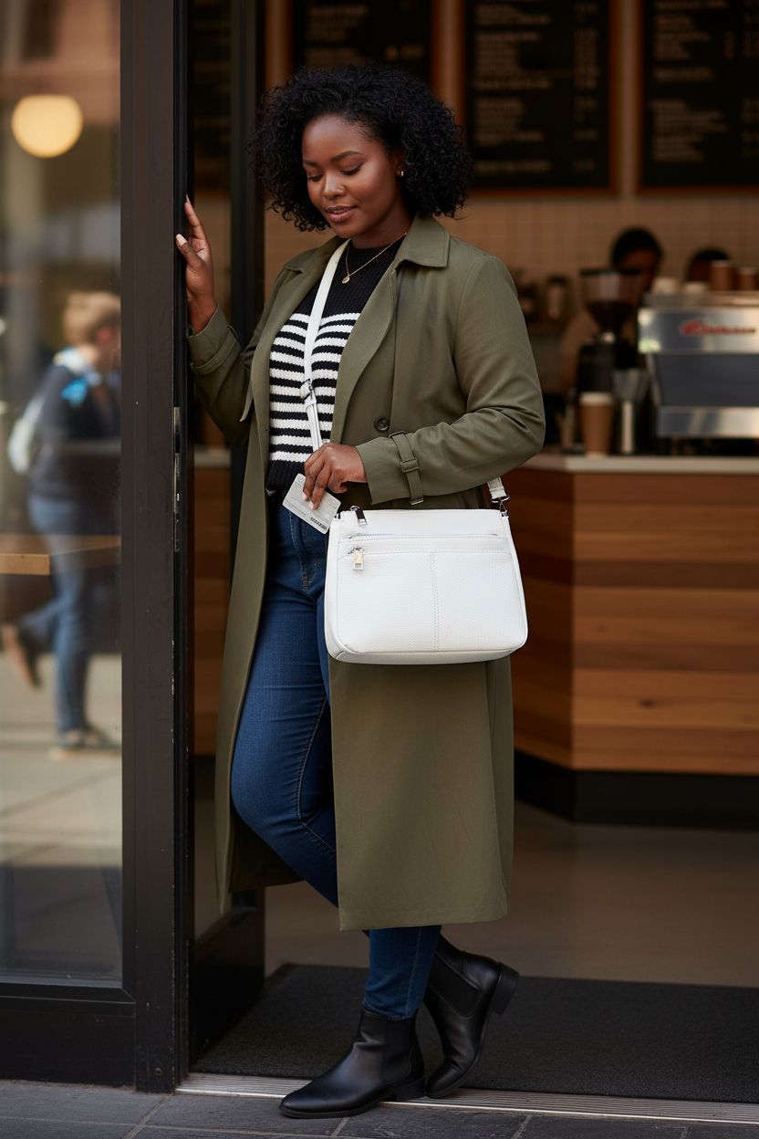 Befen genuine leather white crossbody purse with chrome hardware in a cozy café setting