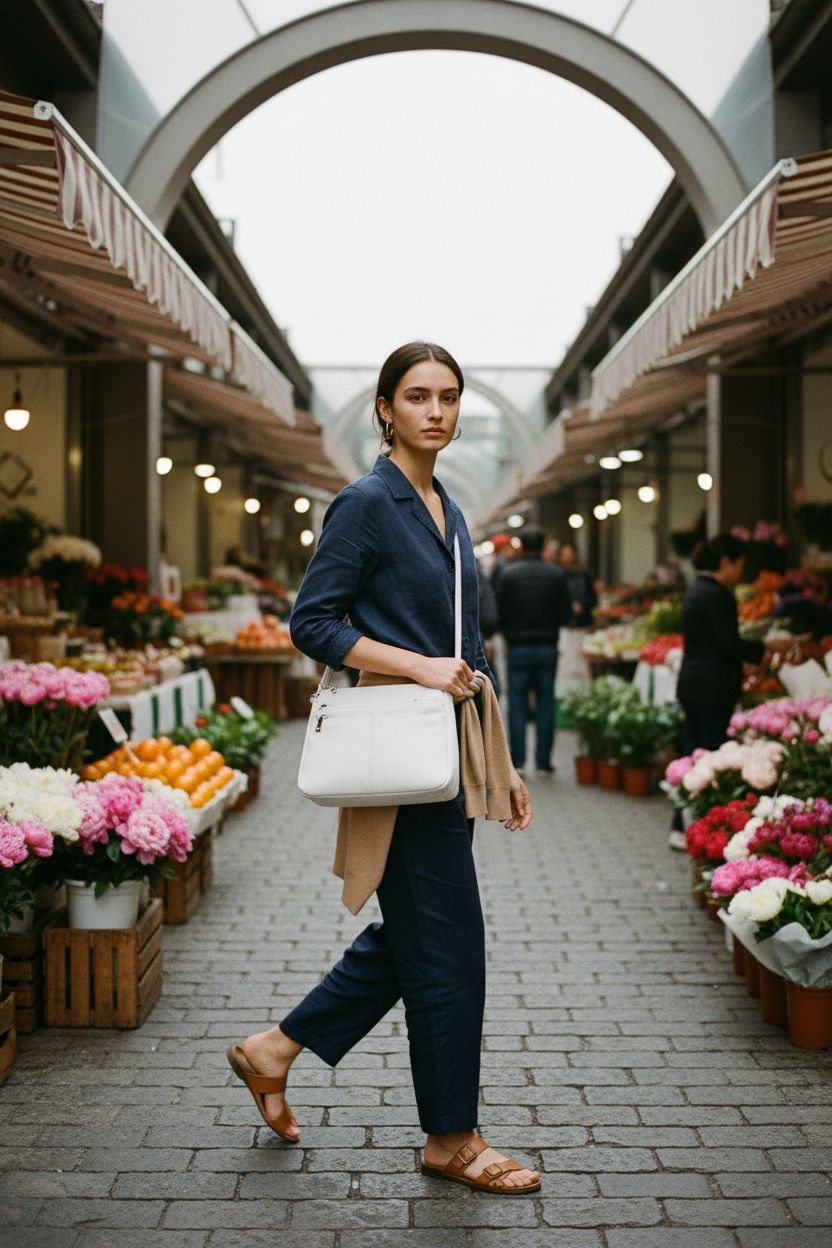 Befen white leather purse worn crossbody at a vibrant flower market with peonies