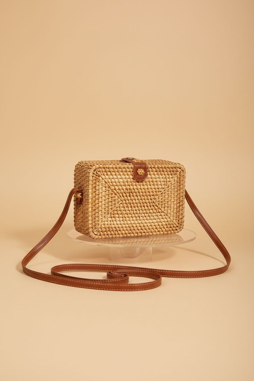 CrazyPiercing wicker square crossbody bag showcased on a seamless backdrop.