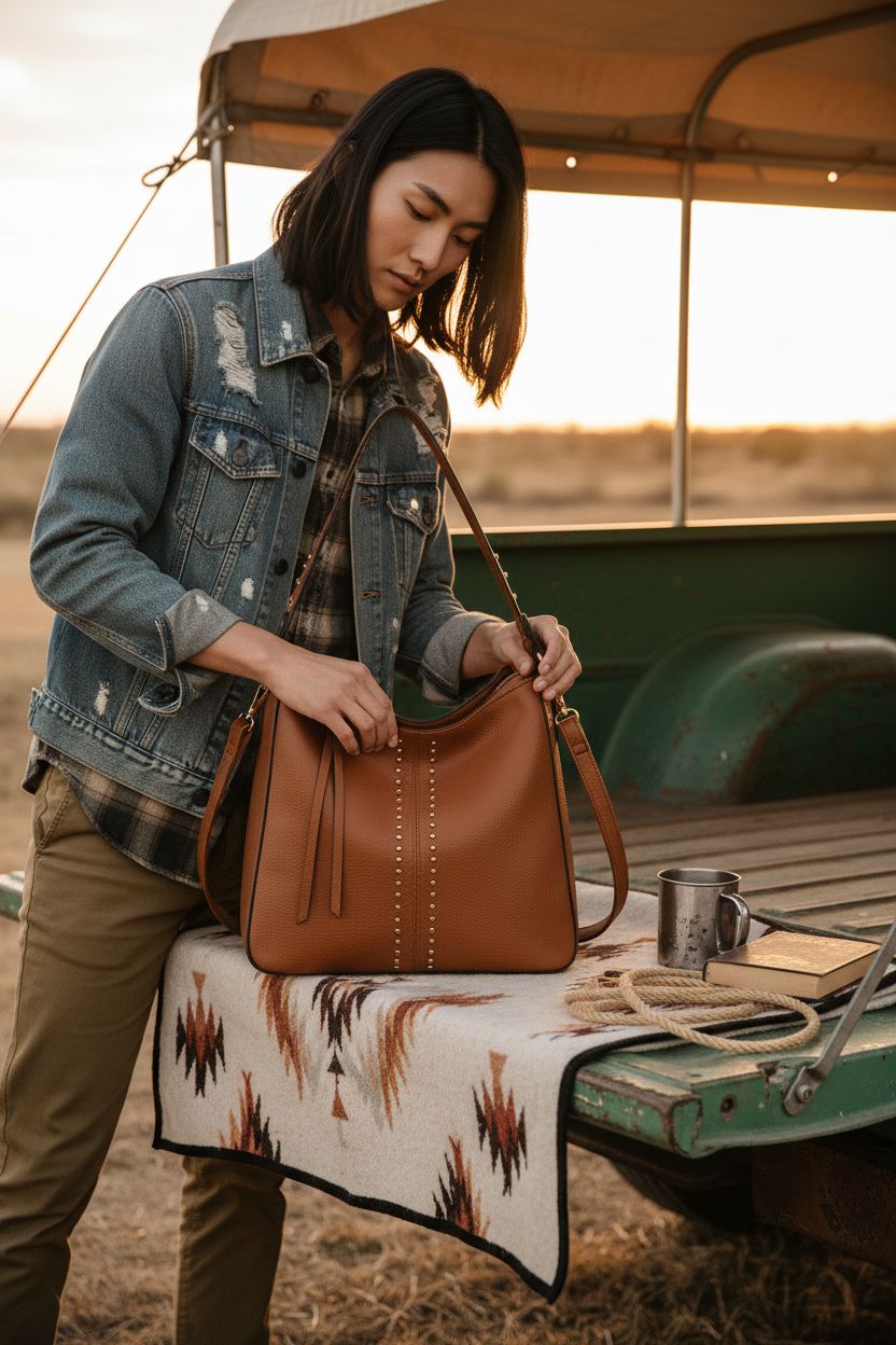 Montana West hobo bag on wool blanket with rustic camp setting and cozy vibe