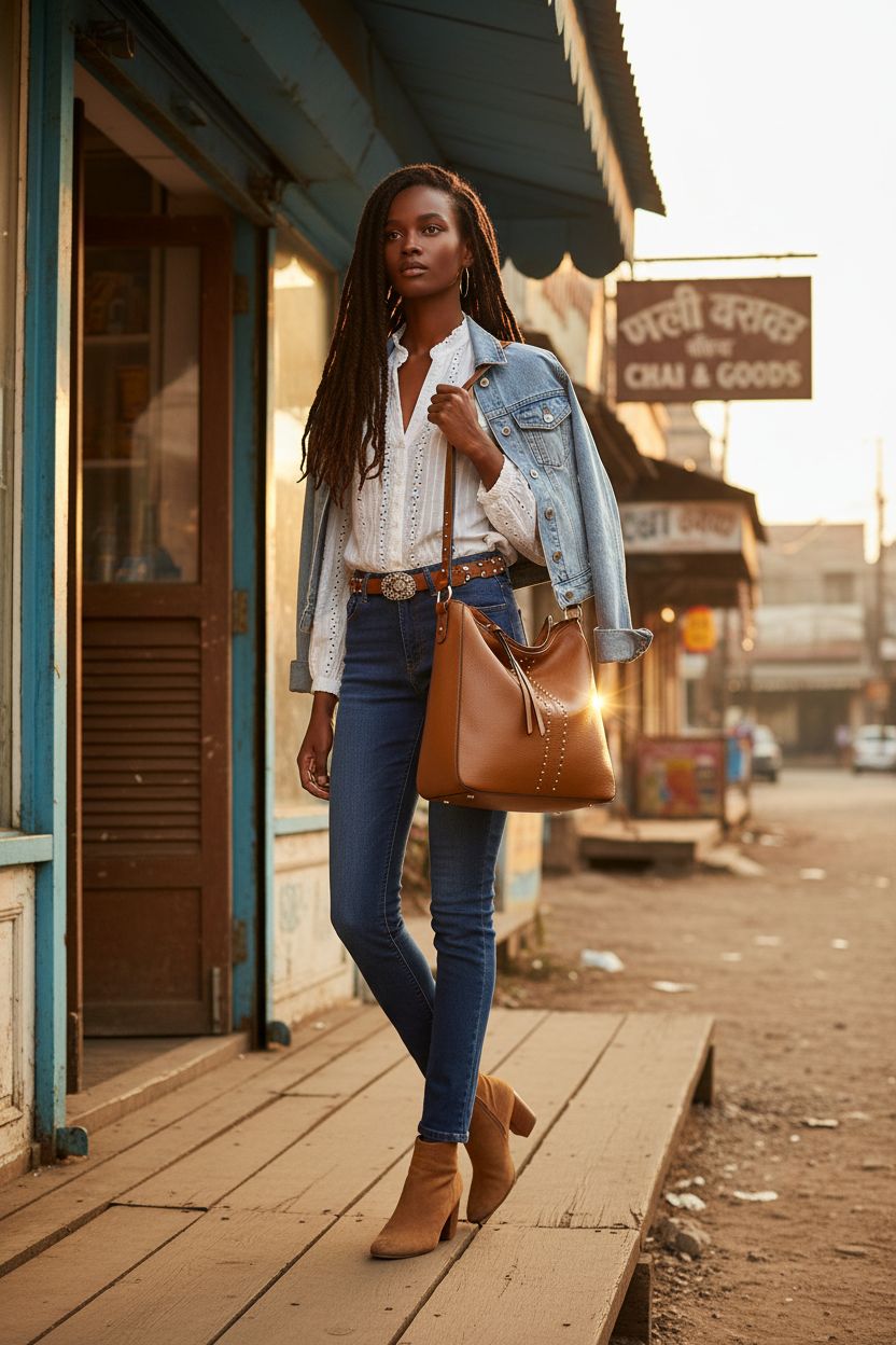 Montana West hobo bag gleaming on hip against dusty street with vintage charm