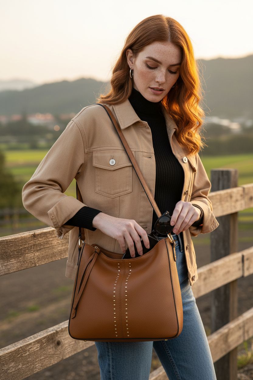 Montana West hobo bag in use, stylishly adjusted with detachable strap at ranch