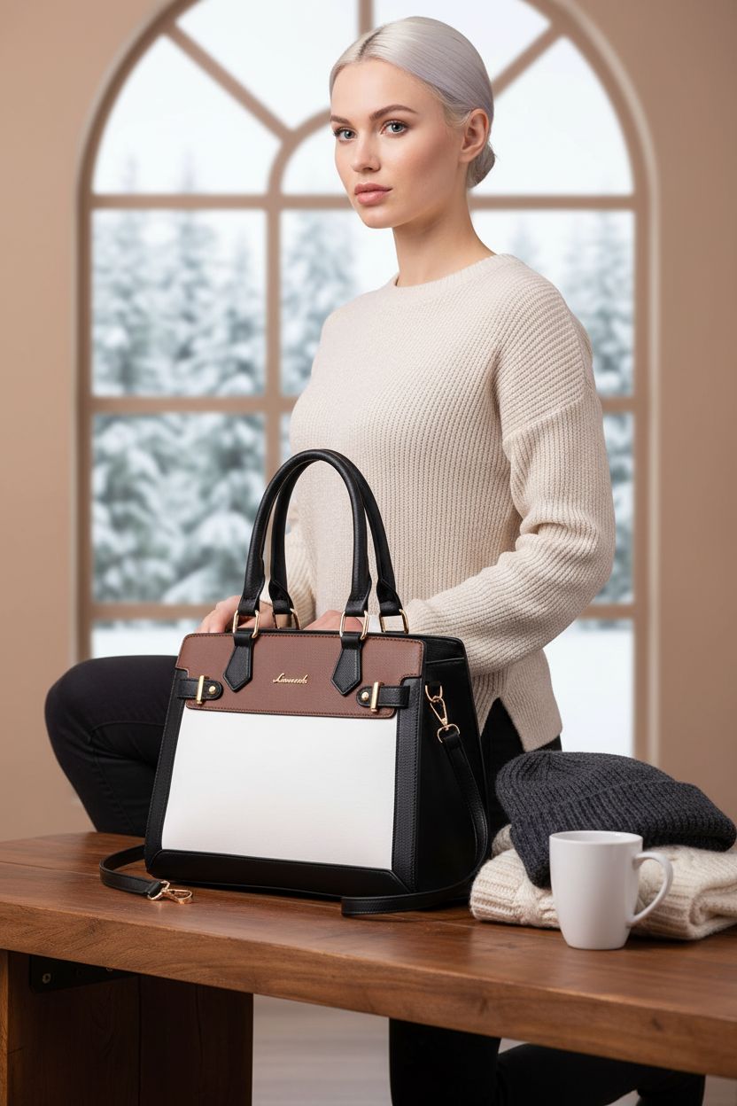 LOVEVOOK winter bag on reclaimed wood bench, surrounded by cozy winter accessories.