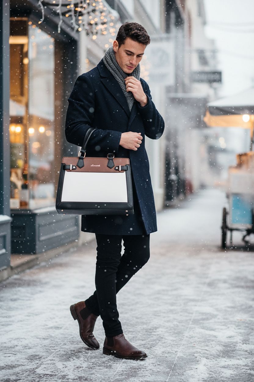 LOVEVOOK tote bag in winter setting, featuring black, white, and brown tricolor design.