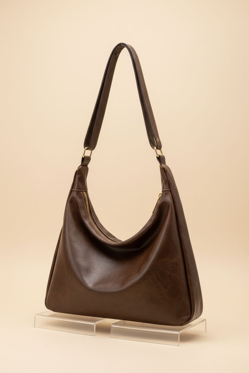 Celestina brown hobo bag on acrylic risers, highlighting its quality craftsmanship