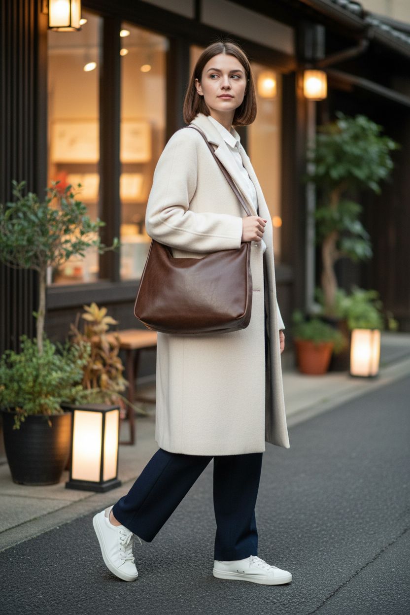 Celestina brown vegan leather hobo bag slouching on shoulder near boutique café