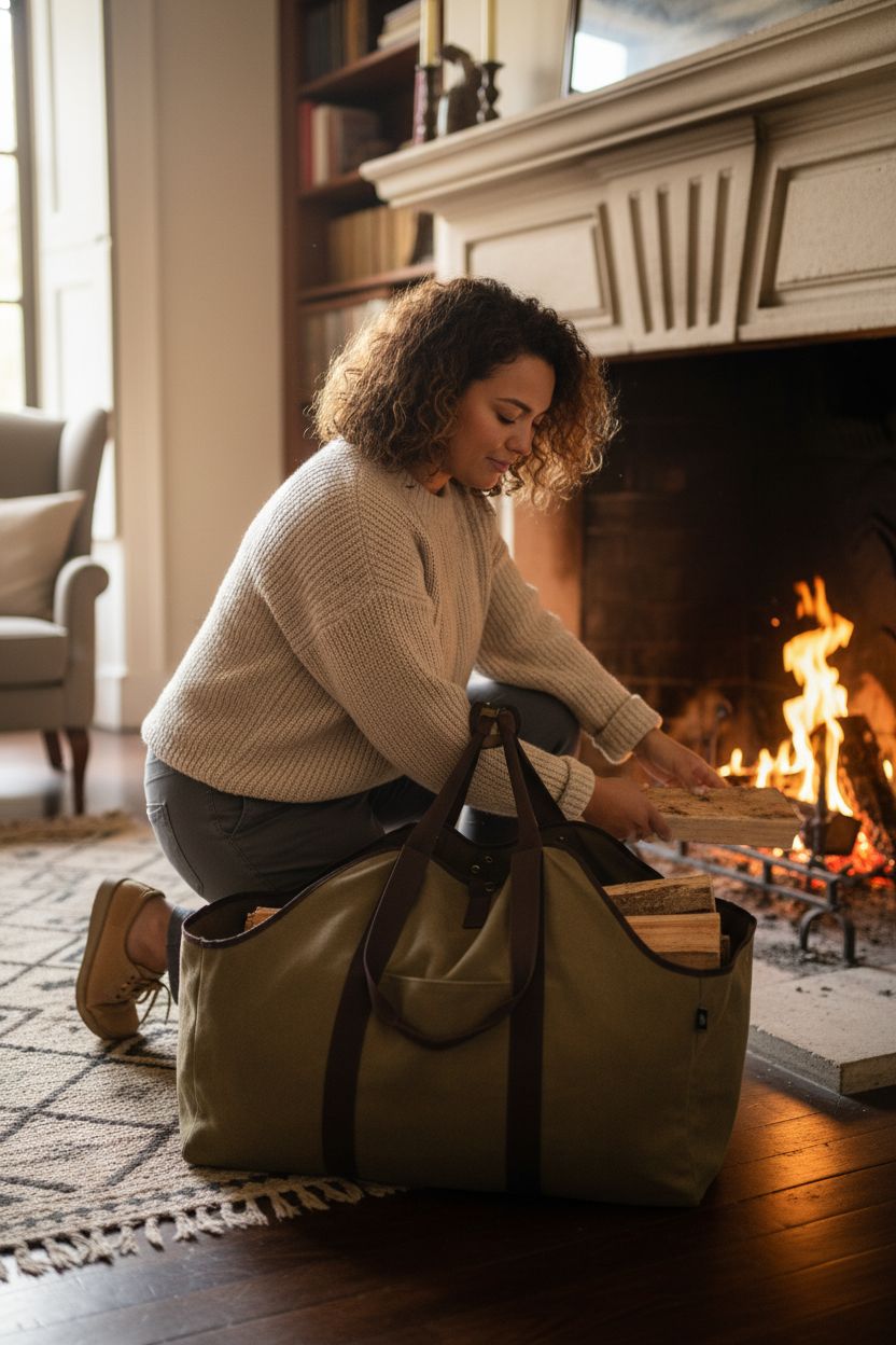 BONTHEE canvas firewood holder by a cozy fireplace, loaded with logs.
