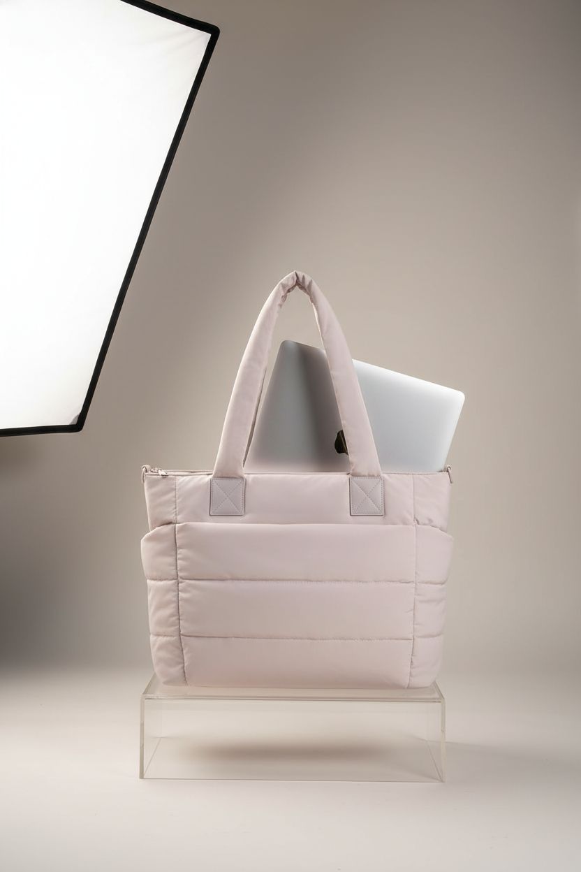GASSDA beige puffer tote bag centered in studio, showcasing craftsmanship