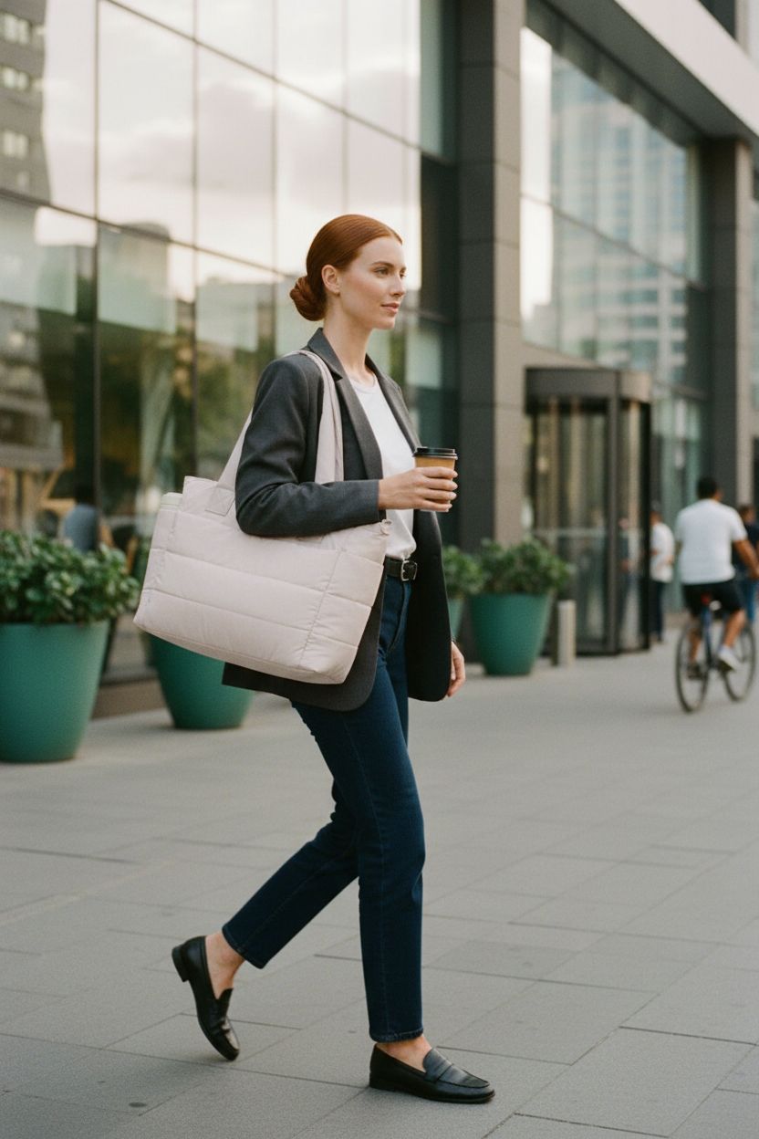 GASSDA beige tote bag in urban commute, stylish professional with coffee