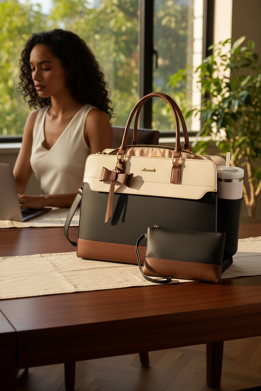 LOVEVOOK tote bag resting on a walnut desk in a cozy home office, with a wristlet and tumbler secured inside.