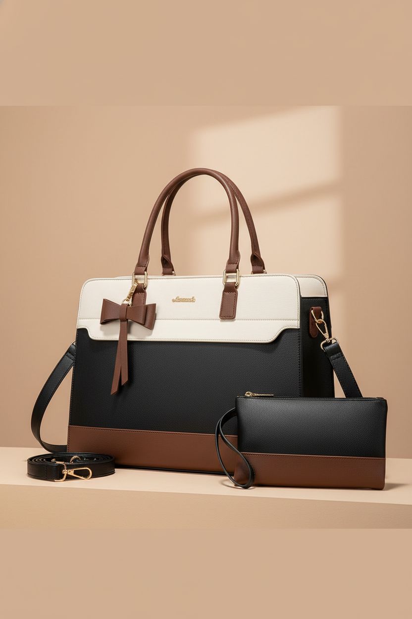 Close-up of LOVEVOOK tote bag showcasing fine stitching, gold hardware, and detachable strap on a beige backdrop.