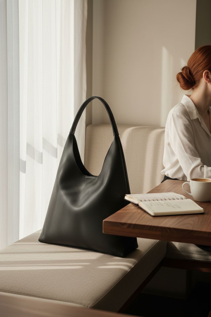 HOXIS black hobo bag resting on a walnut table in a sunlit café, highlighting its chic design.