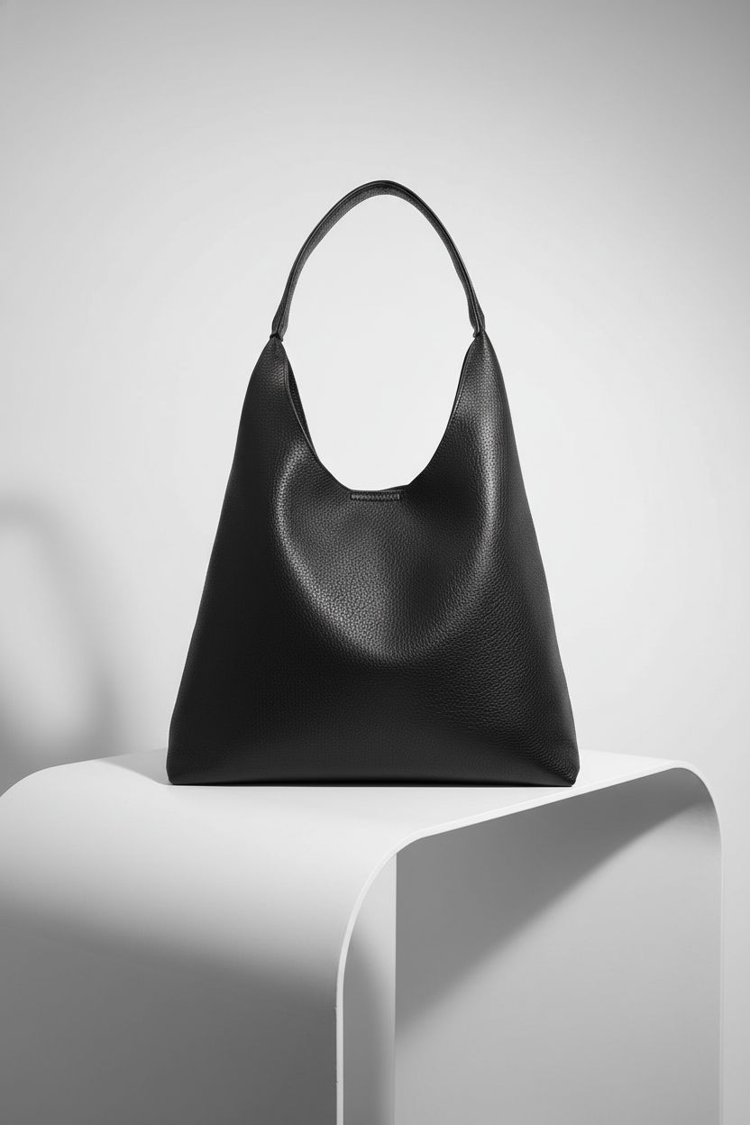 Product shot of HOXIS black hobo bag on a clean backdrop, showcasing its soft vegan leather and design.