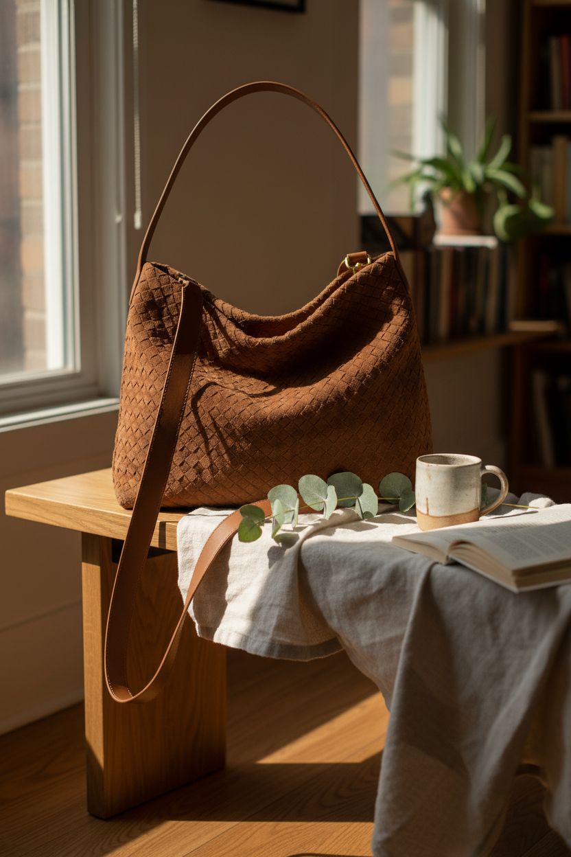Cozy reading nook featuring 1060 woven leather purse, showcasing its suede texture and artisan weave.
