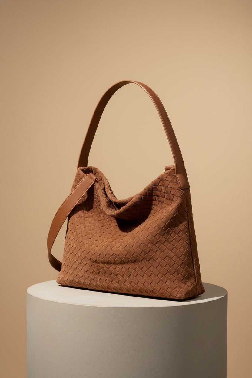 Detailed view of 1060 woven leather purse, highlighting its elegant design and quality suede material.