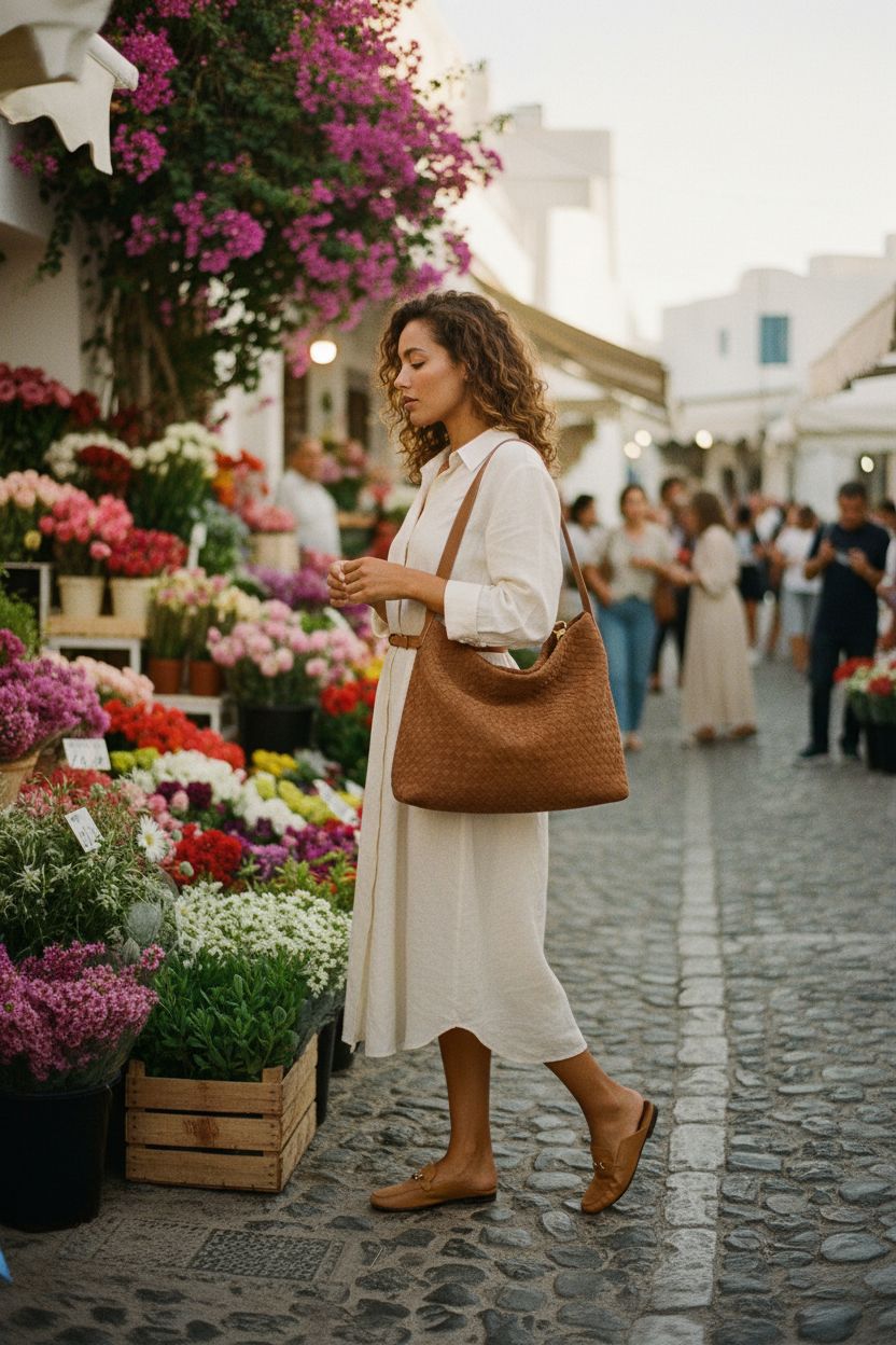 Stylish woven leather purse by 1060 in a flower market setting, featuring caramel suede and hobo design.