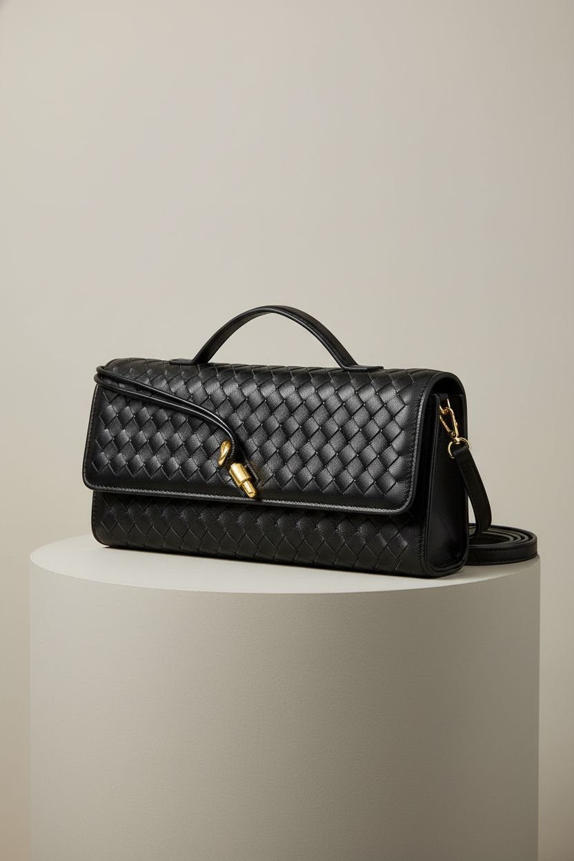 Detailed view of BEGONICA black woven purse showcasing its vegan leather texture