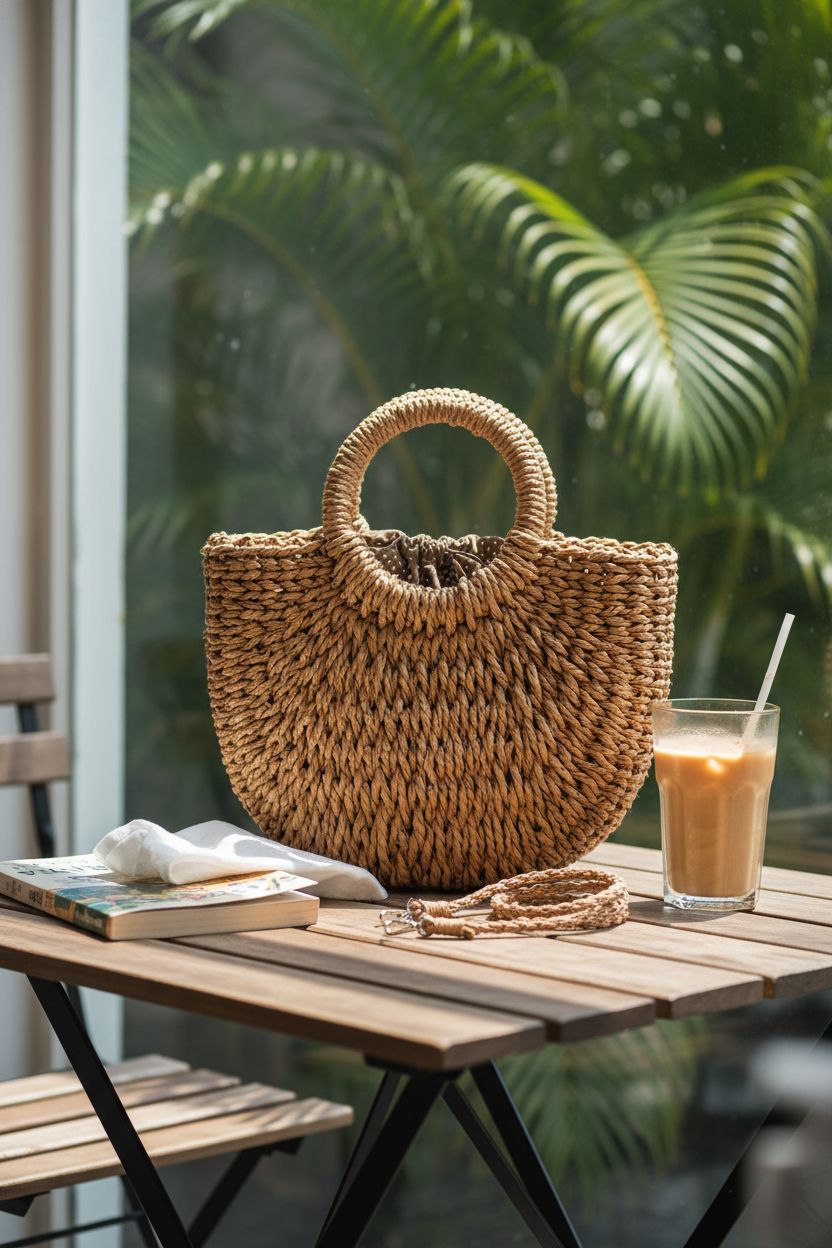 FENBEN straw bag resting on a wooden table with coffee and a book, evoking a summer café vibe.
