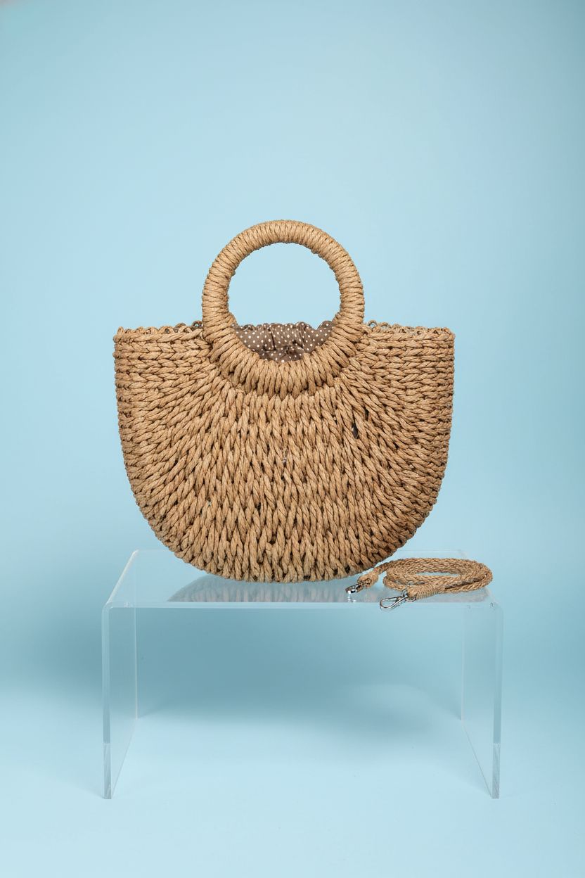 FENBEN brown woven straw bag on a blue backdrop, showcasing its elegant design and craftsmanship.