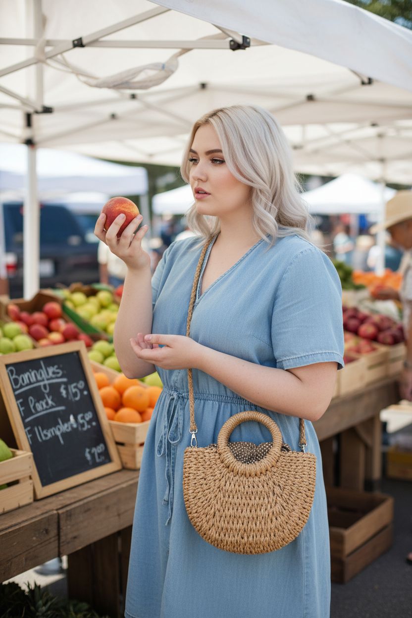 FENBEN brown straw crossbody bag, perfect for a farmers market outing with fresh produce.