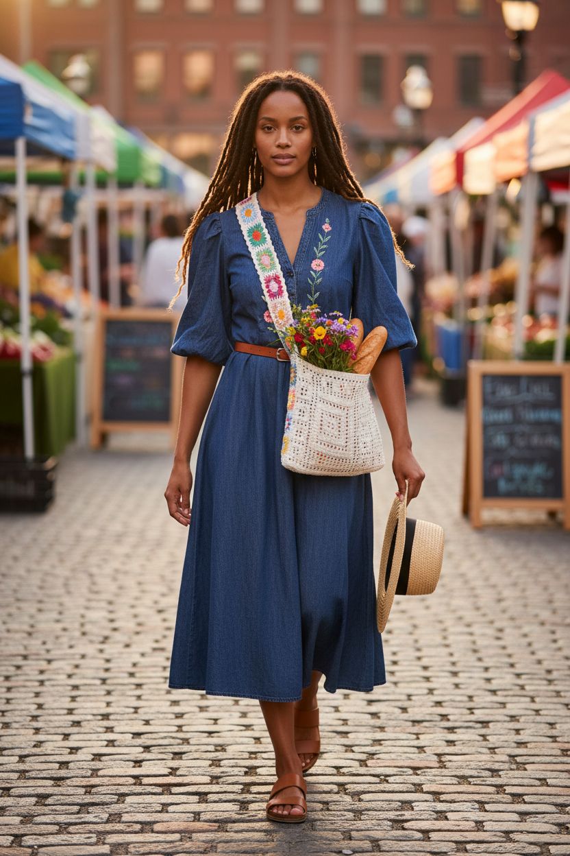 Beige crochet crossbody bag from QWINEE at a farmers' market, styled with flowers and a baguette.
