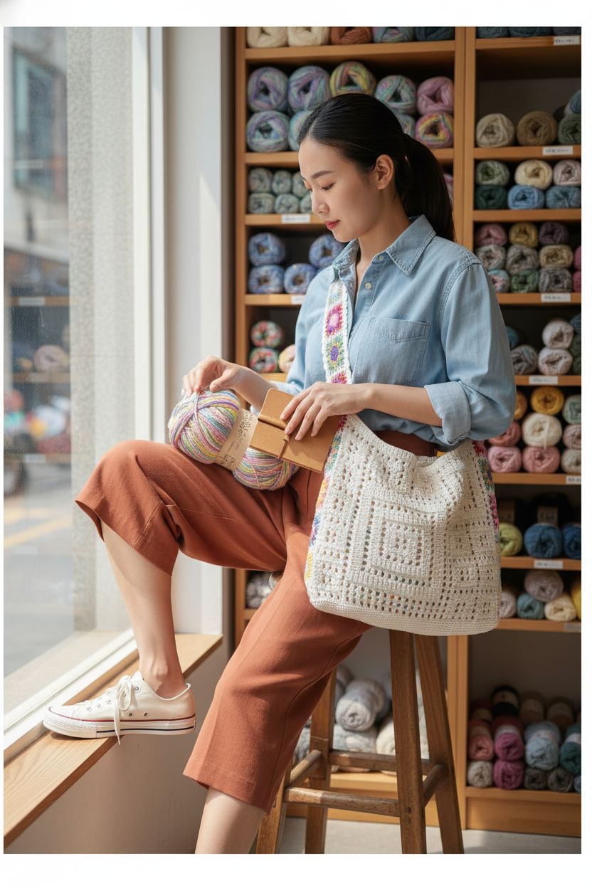 QWINEE beige crochet bag in a cozy yarn boutique, holding colorful yarn and a notebook.