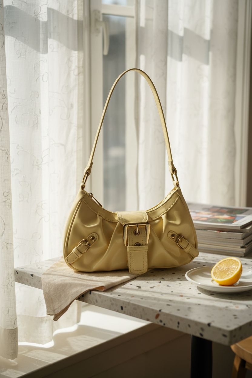 Pale yellow bag by Verdusa resting on a terrazzo table with a cozy café vibe.