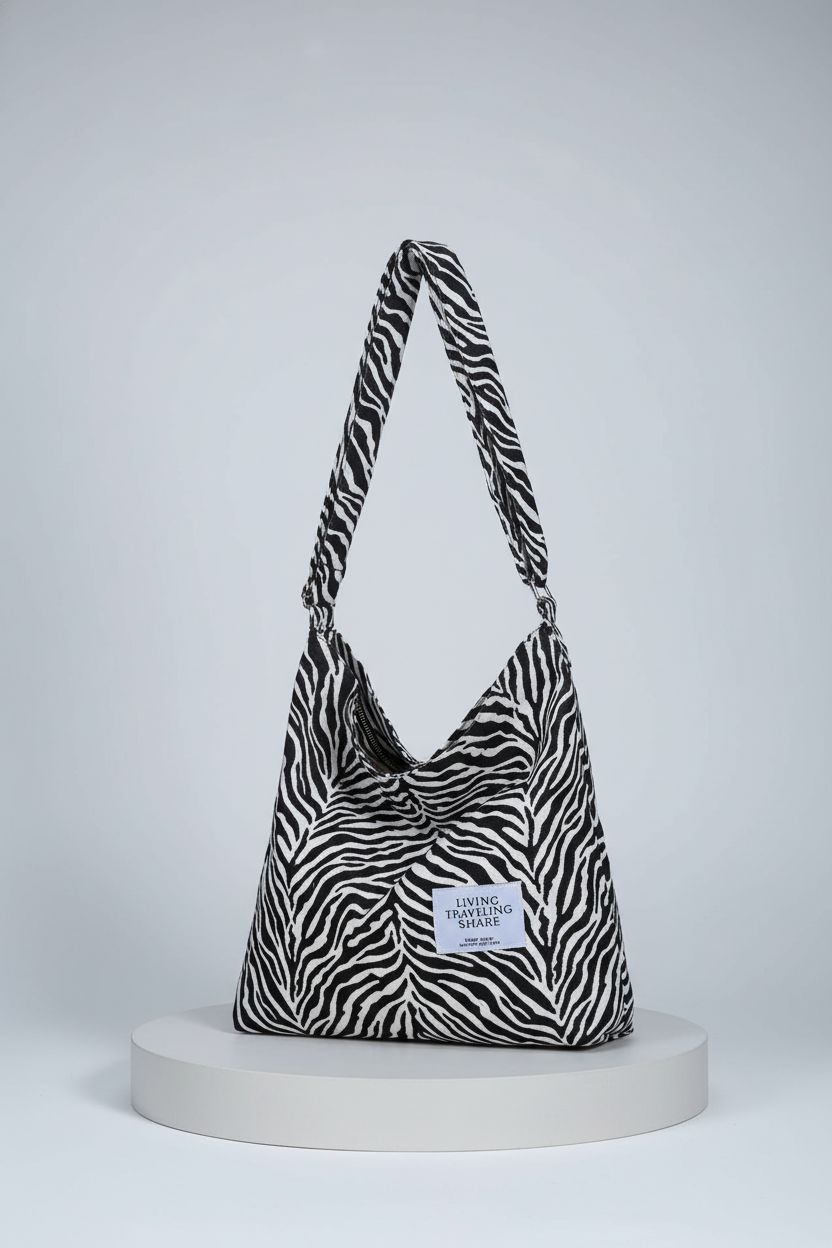 Close-up of Covelin zebra bag highlighting its canvas material and zipper details