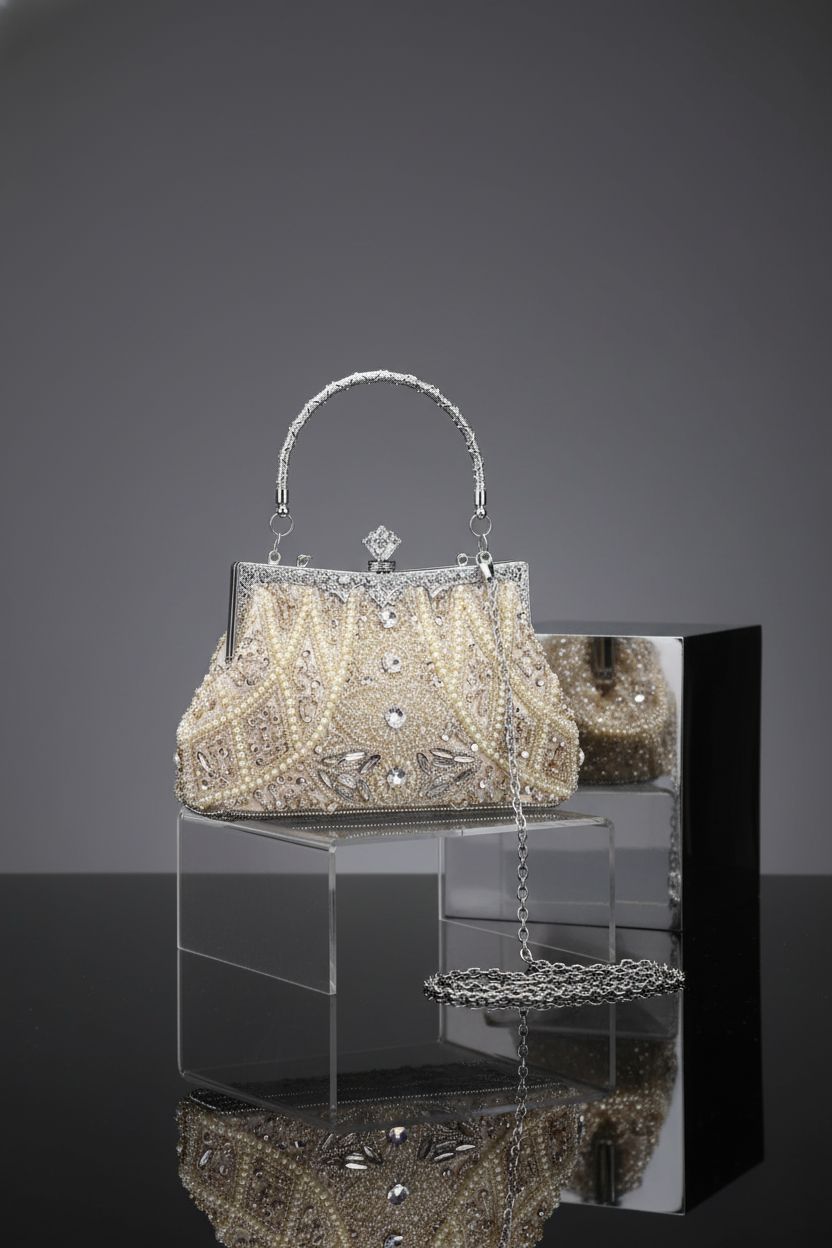 WRINGKIT 1920s vintage evening bag on a gray backdrop, highlighting its elegant design and sparkle.