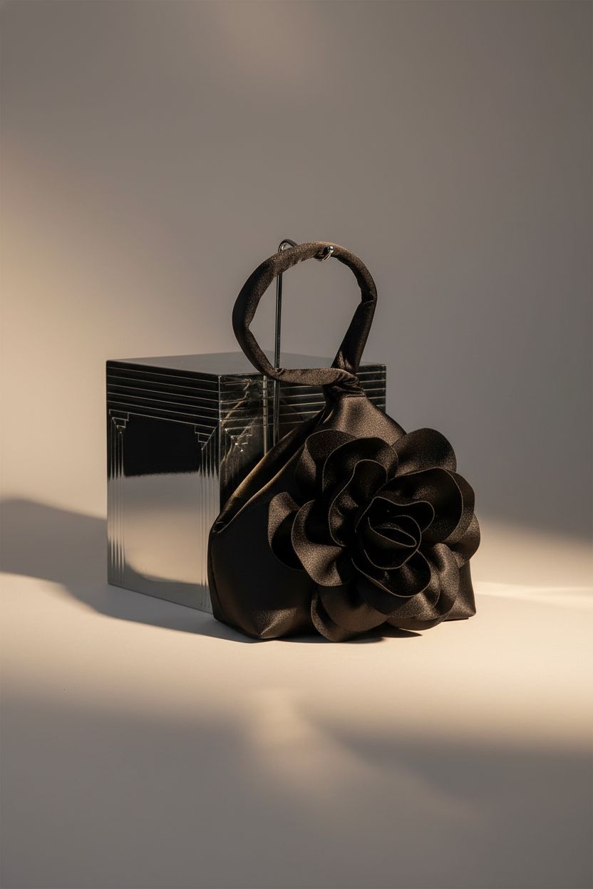 Stunning BABEYOND black satin wristlet purse showcasing Art Deco design and floral accents.