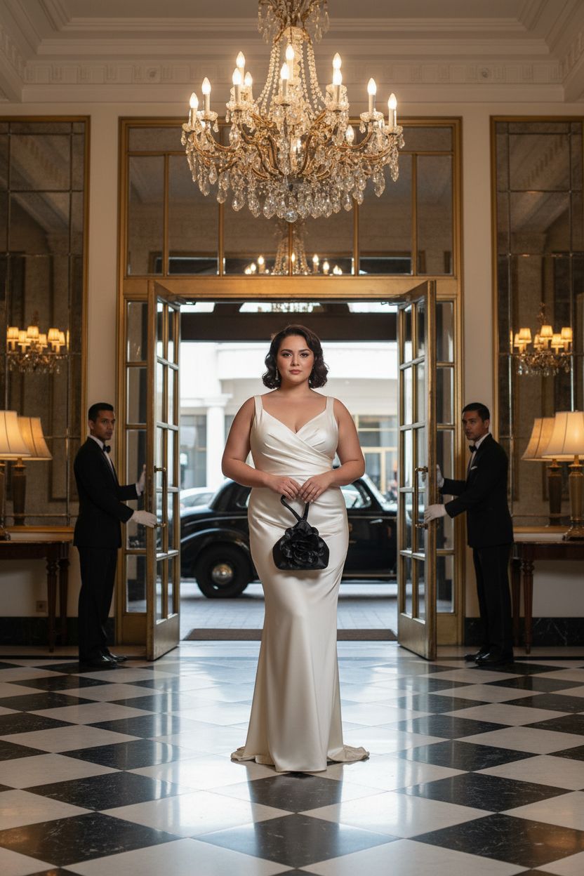 Elegant BABEYOND 1930s-inspired black satin purse in a glamorous hotel lobby setting.