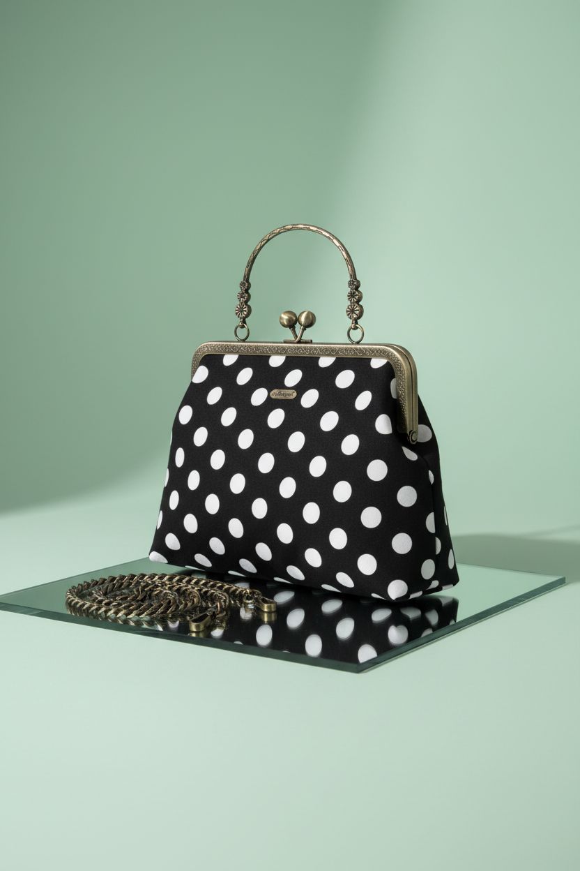 Close-up of Abuyall polka dot handbag on mint backdrop, highlighting its kiss-lock design and quality.