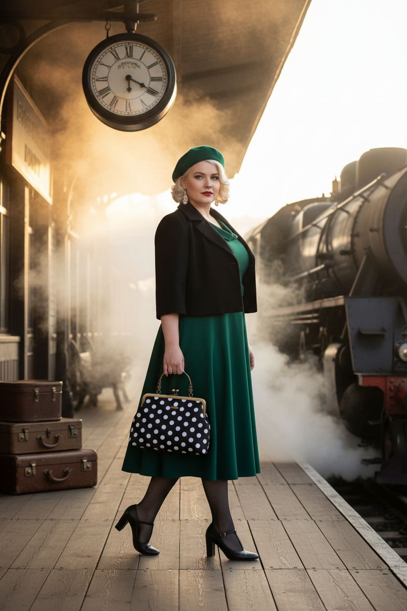 Abuyall vintage polka dot evening bag on 1940s-inspired railway platform, ideal for weddings.