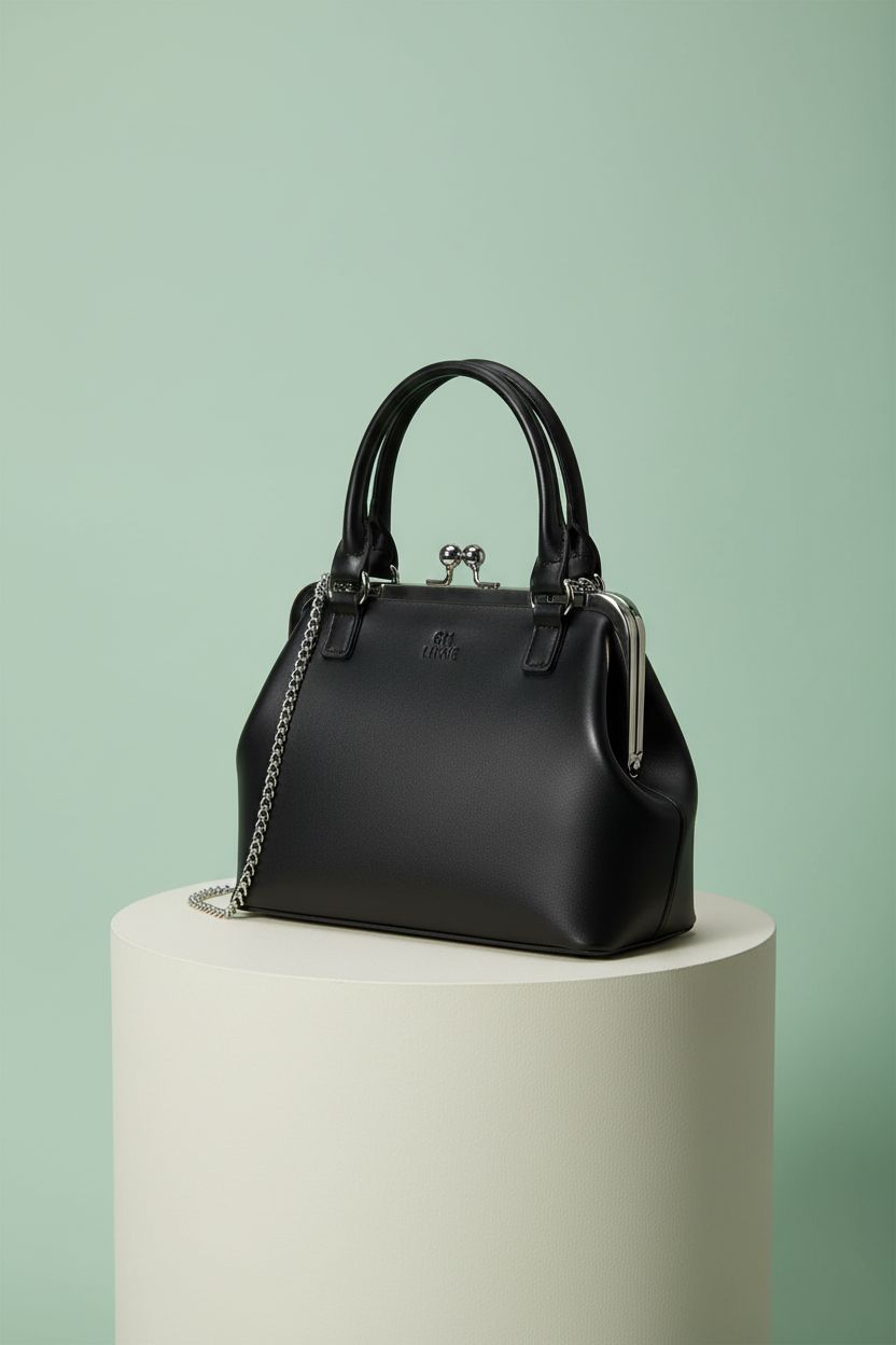 GM LIKKIE black kiss-lock purse on mint backdrop, showcasing its elegant design