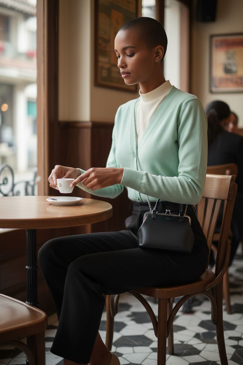GM LIKKIE vintage black kiss-lock purse showcased in a retro café setting