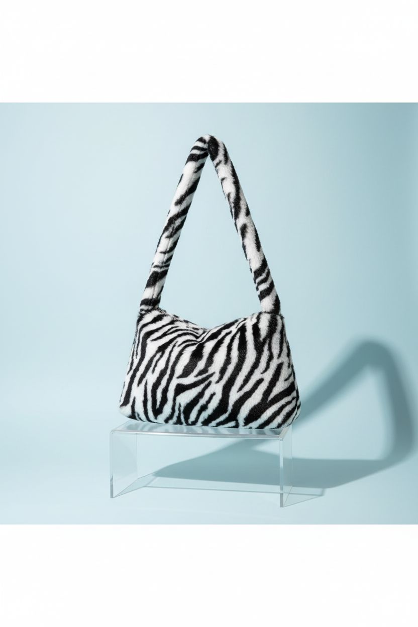 KPX fluffy zebra bag showcased on a clear acrylic stand against a soft blue backdrop.