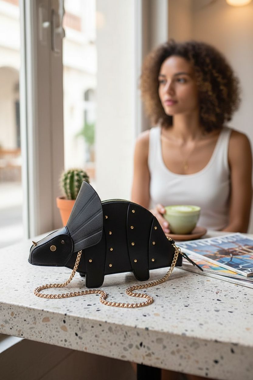 QZUnique 3D dinosaur bag resting on a terrazzo table next to matcha and art zines