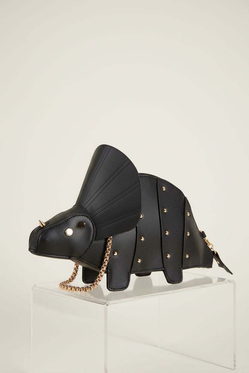 QZUnique 3D dinosaur bag showcasing crisp profile on clear acrylic riser in studio