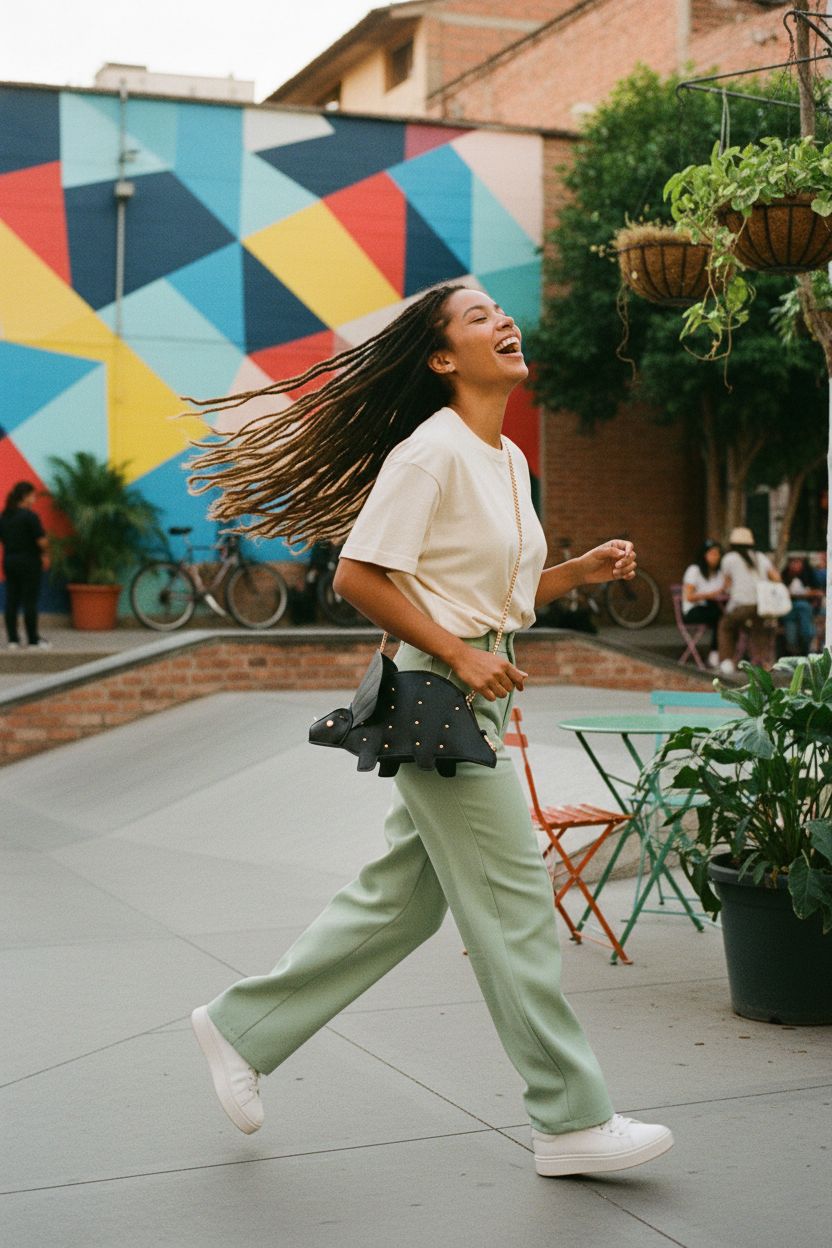 QZUnique 3D dinosaur shoulder bag in black PU leather, styled with pastel outfit