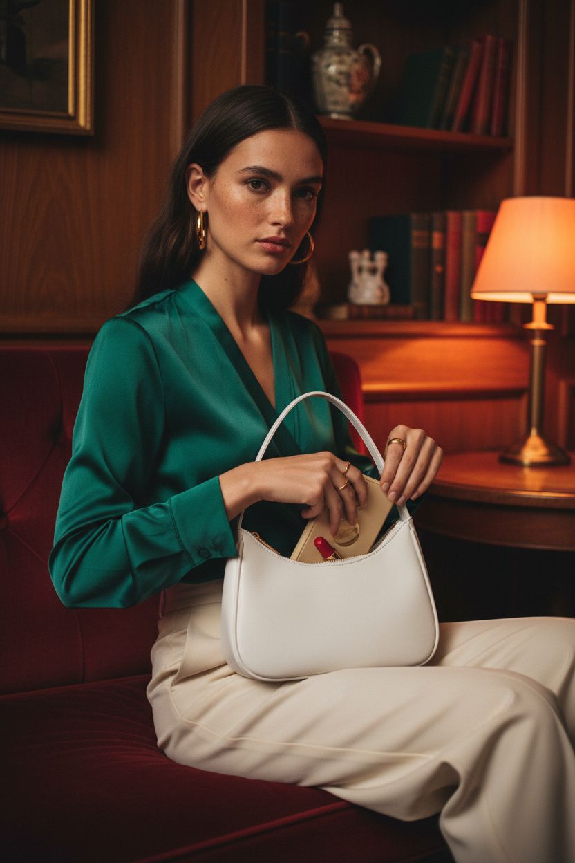 CYHTWSDJ white hobo bag tucked under arm in a cozy wood-paneled lounge, perfect for casual outings.