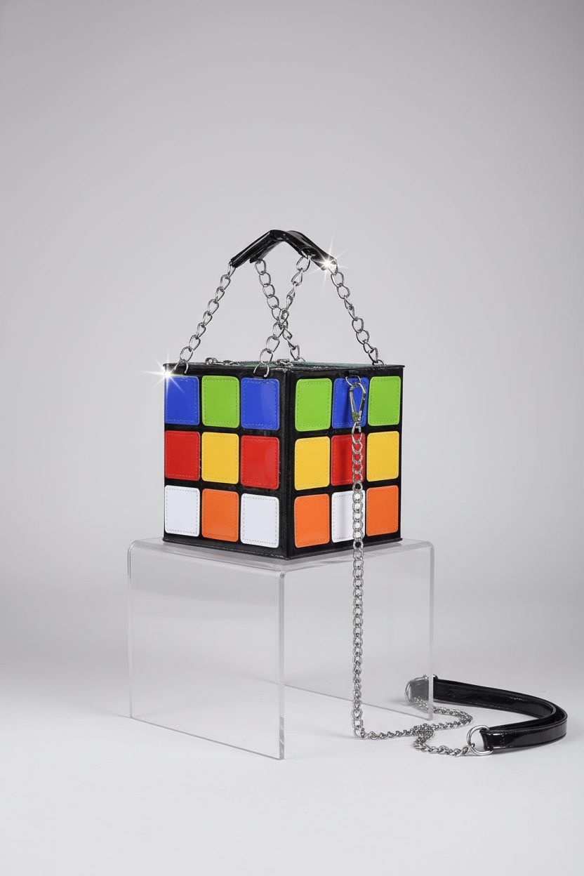 QZUnique 80s bag displayed on a pedestal, highlighting its sleek design and vibrant PU panels.