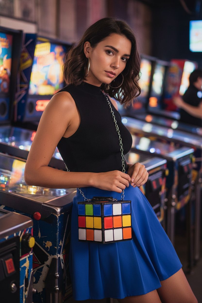 QZUnique 80s bag worn as crossbody over vintage style outfit in an arcade, colorful and chic.