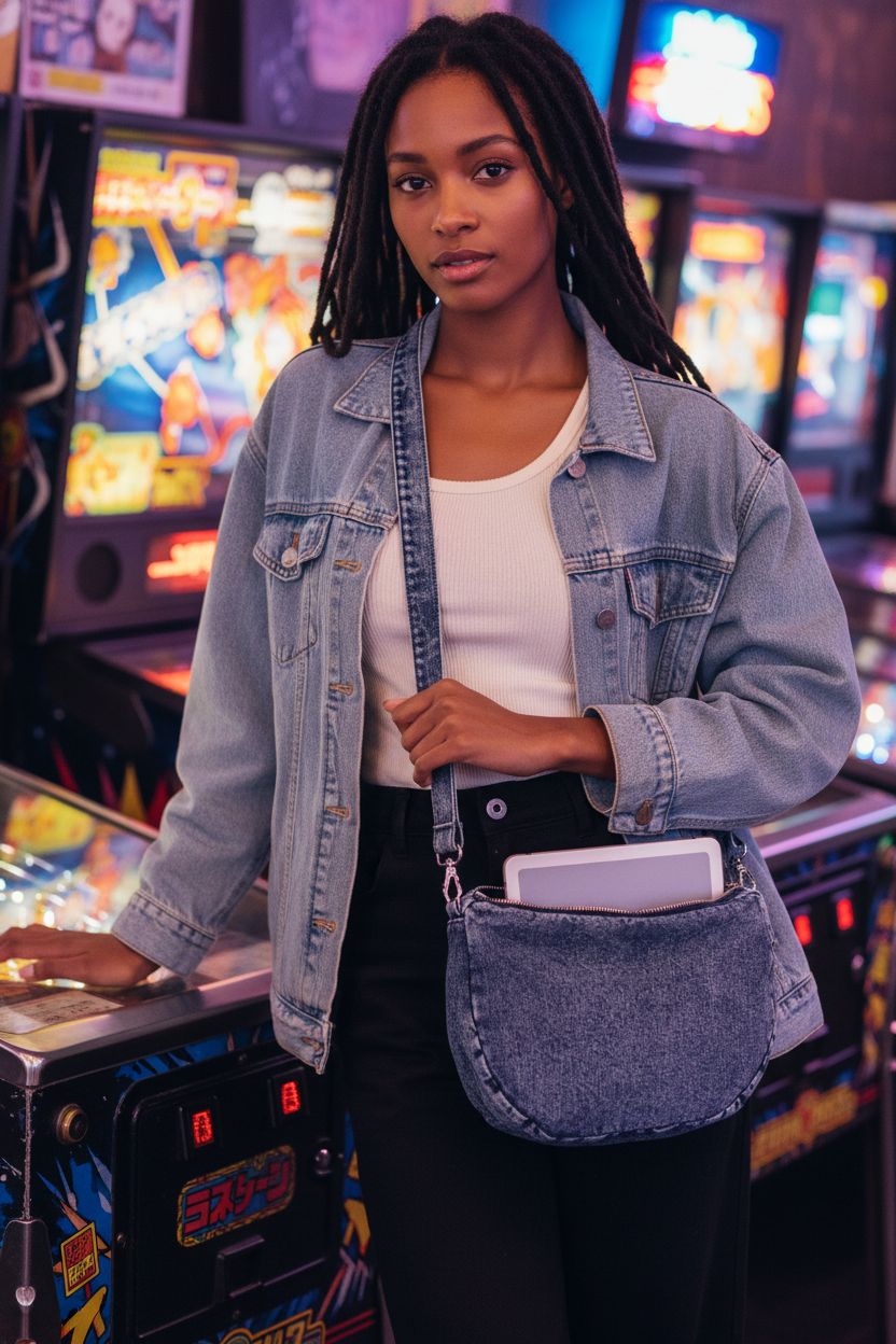 Denim Indigo Hobo Cross Body Bag from HOXIS showcased in a retro arcade with stylish outfit.