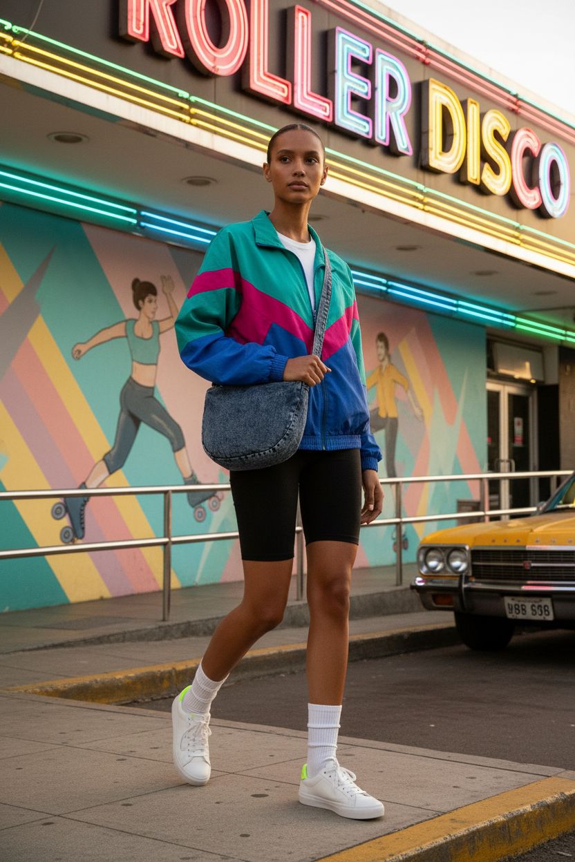 HOXIS Denim Indigo Hobo Cross Body Bag displayed in front of a vibrant roller rink mural.