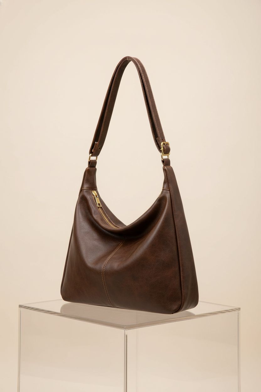 Close-up of celestina brown hobo bag showcasing vegan leather and craftsmanship.