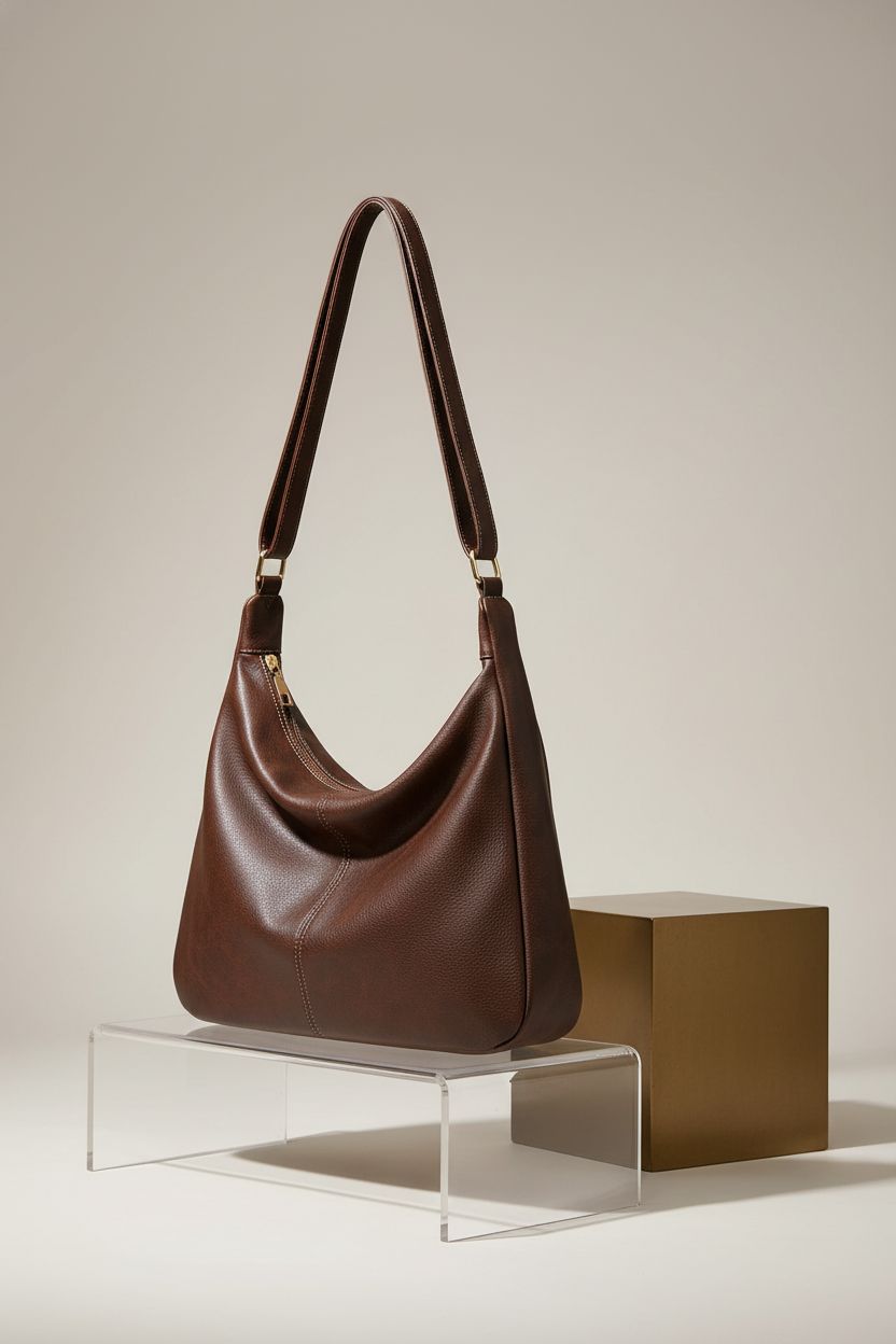NIUEIMEE ZHOU chocolate-brown hobo bag showcased in a clean studio setting with fine details.