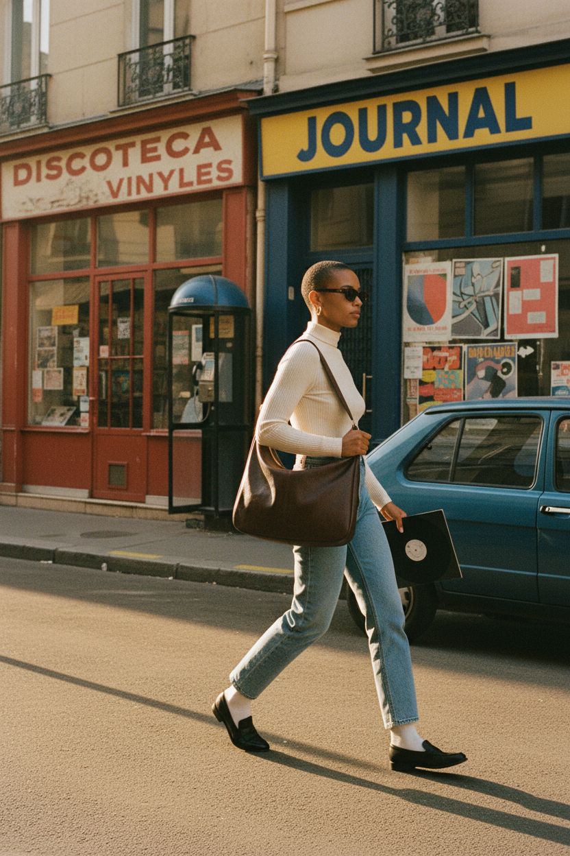 NIUEIMEE ZHOU chocolate-brown slouchy hobo bag on a downtown street with vintage elements.