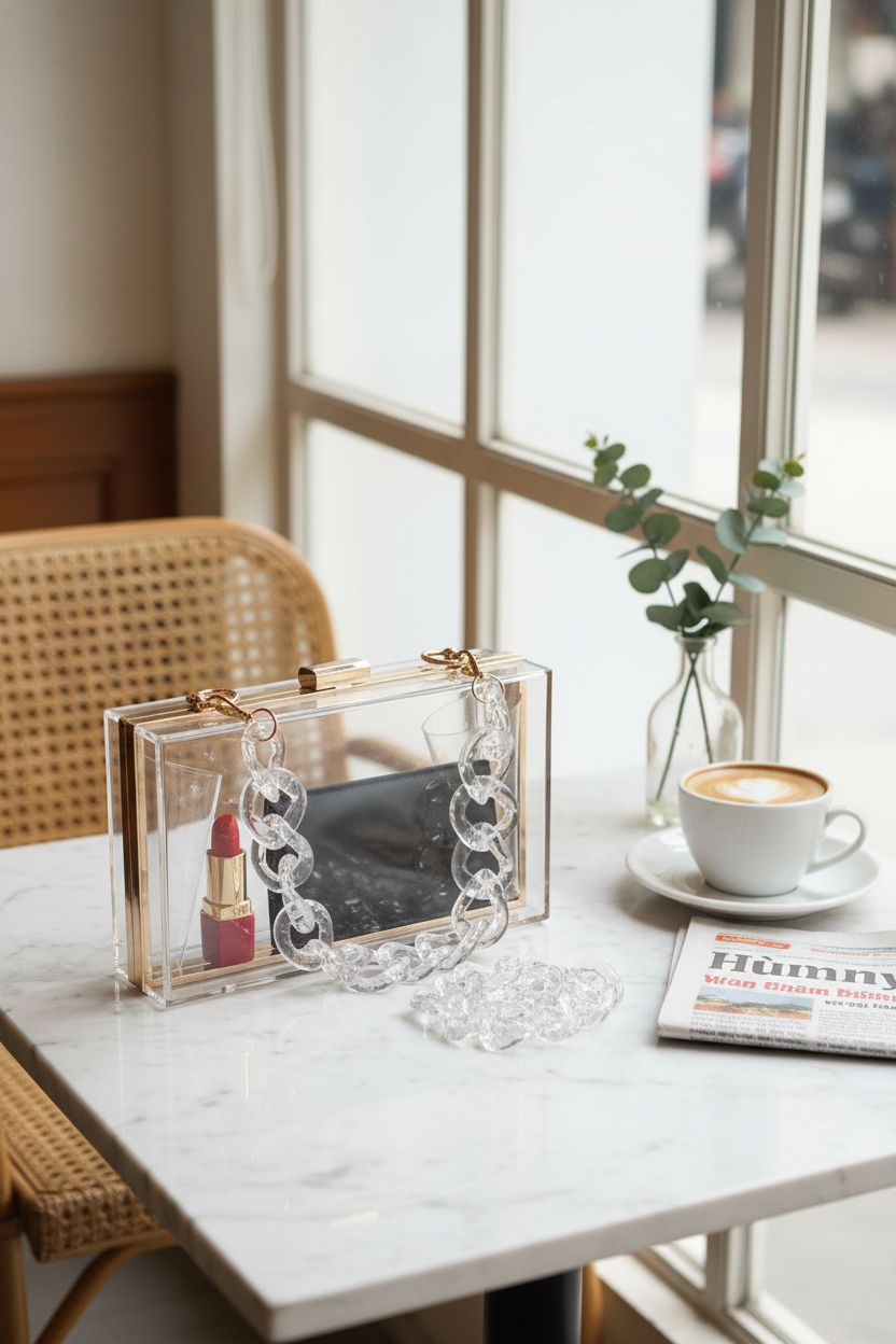 WJCD acrylic box clutch on a marble table with coffee and greenery