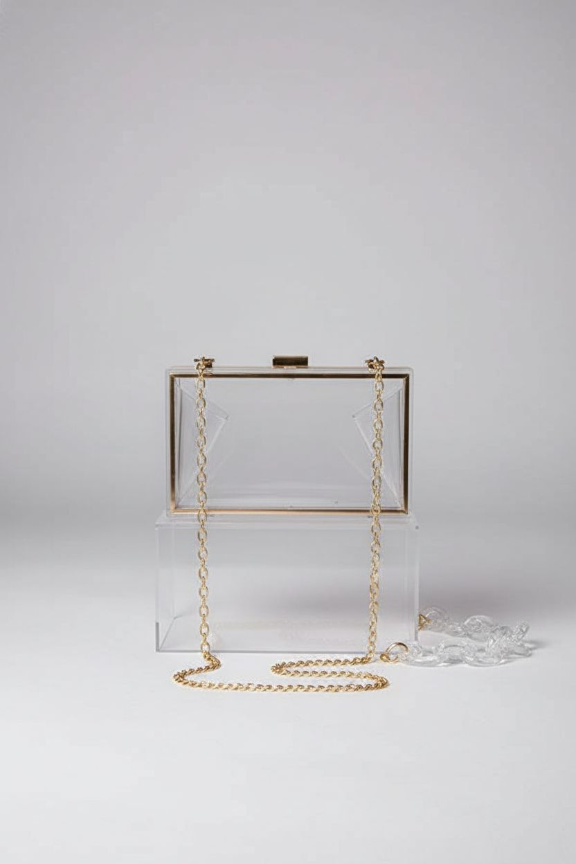 WJCD acrylic handbag with gold crossbody chain on a gray backdrop